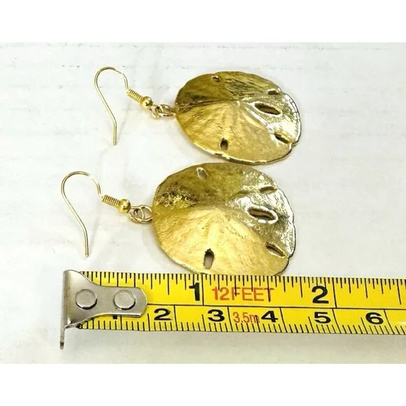Sand Dollar Earrings Gold Tone Fishhook Drop Dangle Beautiful Satiny Look VTG - Picture 3 of 5